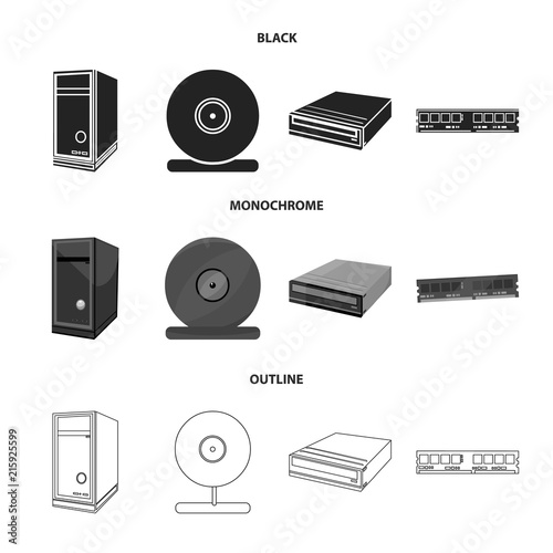 System unit, memory card and other equipment. Personal computer set collection icons in black,monochrome,outline style vector symbol stock illustration web.