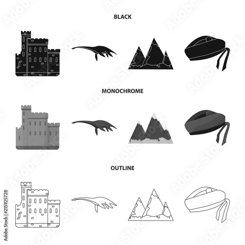 Edinburgh Castle, Loch Ness Monster, Grampian Mountains, national cap balmoral,tam o shanter. Scotland set collection icons in black,monochrome,outline style vector symbol stock illustration web. photo