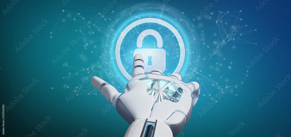 Cyborg hand holding a Technology security icon on a circle 3d rendering Cyborg hand holding a Technology security icon on a circle 3d rendering