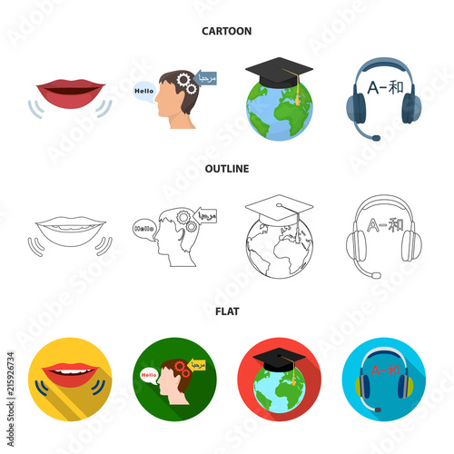 The mouth of the person speaking, the person head translating the text, the globe with the master cap, the headphones with the translation. Interpreter and translator set collection icons in cartoon