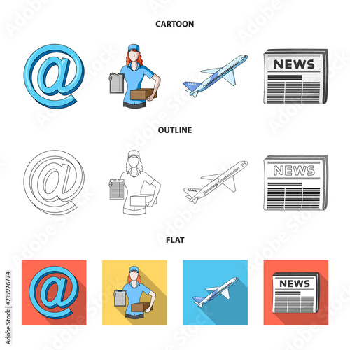 Email symbol, courier with parcel, postal airplane, pack of newspapers.Mail and postman set collection icons in cartoon,outline,flat style vector symbol stock illustration web.