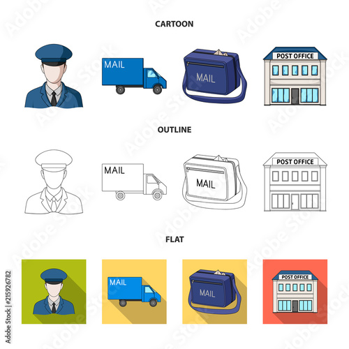 The postman in uniform, mail machine, bag for correspondence, postal office.Mail and postman set collection icons in cartoon,outline,flat style vector symbol stock illustration web.