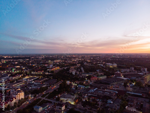 orange clouds with blue sky on sunset. copy space. aerial view