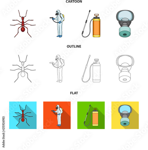 Ant, staff in overalls and equipment cartoon,outline,flat icons in set collection for design. Pest Control Service vector symbol stock web illustration.