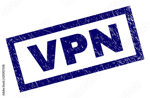Rectangle VPN seal print with distress texture. Rubber seal imitation has rectangular frame. Blue vector rubber print of VPN caption with grunge texture.