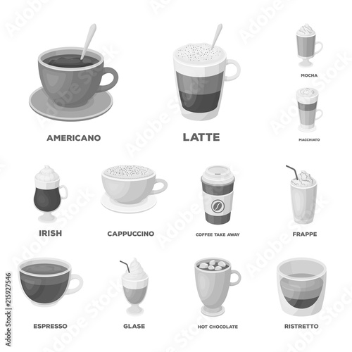 Different kinds of coffee monochrome icons in set collection for design. Coffee drink vector symbol stock web illustration.