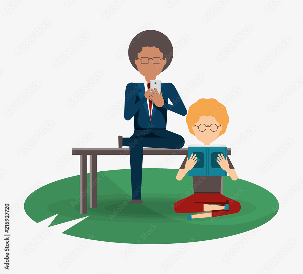 businessman using a cellphone and woman reading a book over white background, colorful design. vector illustration businessman using a cellphone and woman reading a book over white background, colorful design. vector illustration