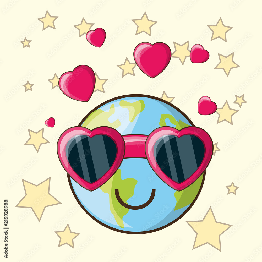 kawaii planet with heart glasses over yellow background, colorful design. vector illustration