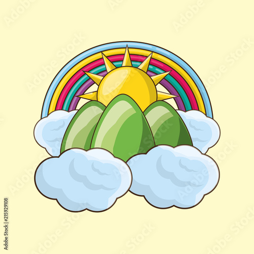 clouds and sun with mountains and rainbow over yellow background, colorful design. vector illustration