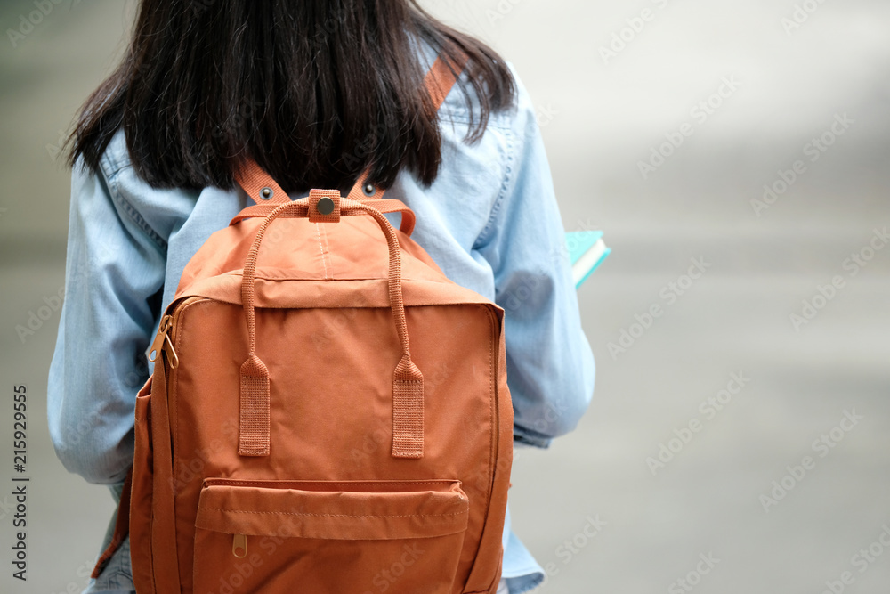 Back of student girl holding books and carry school bag while walking in  school campus background, education, back to school concept Photos | Adobe  Stock