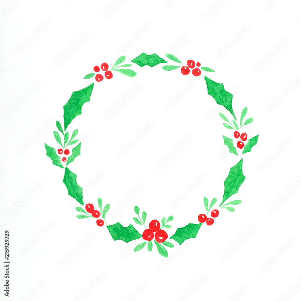 Christmas wreath watercolor painting on white paper background, Illustration art design Christmas greeting card background