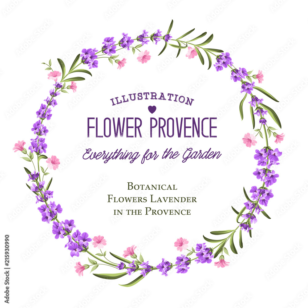 The lavender circle frame of flowers and text. Lavender wreath for your text presentation. Label of perfume package. Vector illustration. The lavender circle frame of flowers and text. Lavender wreath for your text presentation. Label of perfume package. Vector illustration.