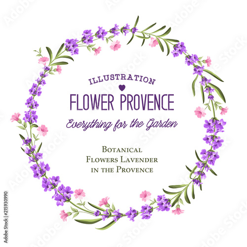 The lavender circle frame of flowers and text. Lavender wreath for your text presentation. Label of perfume package. Vector illustration.