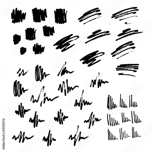 Vector illustration of brush strokes, grunge style. Set of hand drawn design elements. Vector collection of black ink, marker, pen abstract textures. Black ink random hand drawn scribbles set isolated