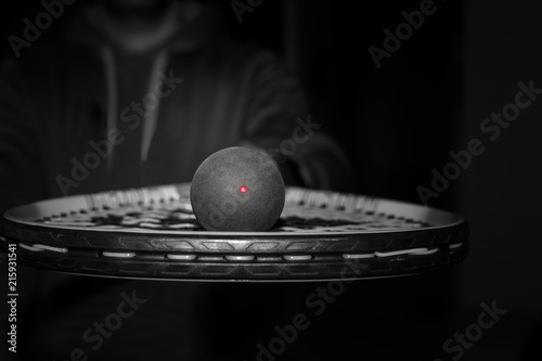 Single dot squash ball on the strings of a racquet photo