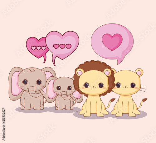 kawaii couples of elephants and lions with speech bubbles with hearts over pink background  colorful design. vector illustration