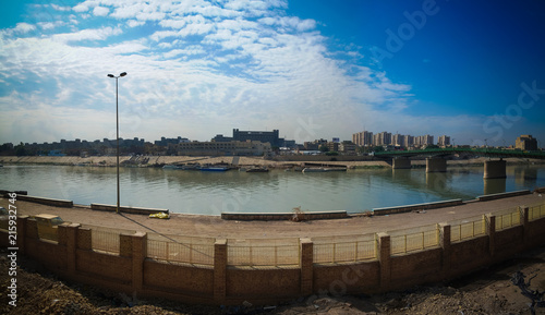 Aerial panorama view to Baghdad city and Tigris promenade from Al-Mustansiriya University and Madrasah, Baghdad, Iraq