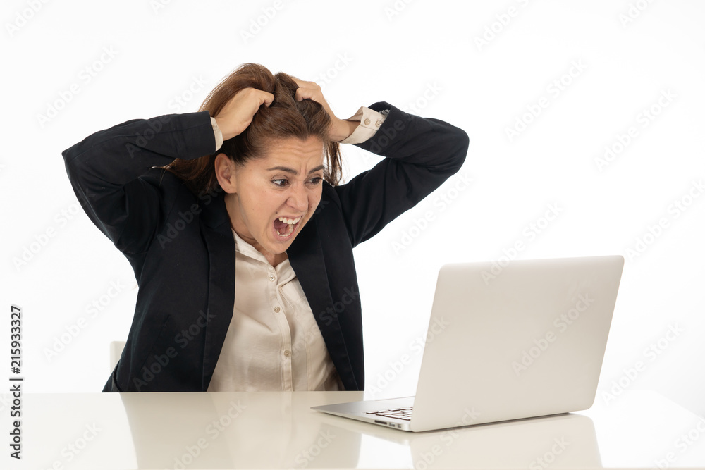 Young beautiful business woman suffering stress working at office computer desk feeling tired and desperate looking overworked overwhelmed and frustrated. In business education, fail and technology Young beautiful business woman suffering stress working at office computer desk feeling tired and desperate looking overworked overwhelmed and frustrated. In business education, fail and technology