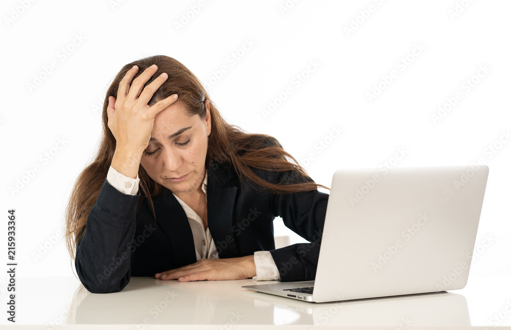 Young beautiful business woman suffering stress working at office computer desk feeling tired and desperate looking overworked overwhelmed and frustrated. In business education, fail and technology Young beautiful business woman suffering stress working at office computer desk feeling tired and desperate looking overworked overwhelmed and frustrated. In business education, fail and technology