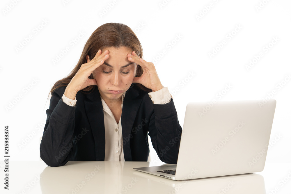 Young beautiful business woman suffering stress working at office computer desk feeling tired and desperate looking overworked overwhelmed and frustrated. In business education, fail and technology Young beautiful business woman suffering stress working at office computer desk feeling tired and desperate looking overworked overwhelmed and frustrated. In business education, fail and technology