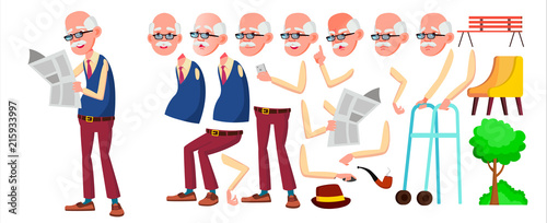 Old Man Vector. Senior Person Portrait. Elderly People. Aged. Animation Creation Set. Face Emotions, Gestures. Funny Pensioner. Leisure. Announcement. Animated. Isolated Cartoon Illustration