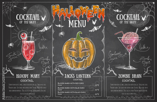 Vintage chalk drawing halloween menu design. Restaurant menu