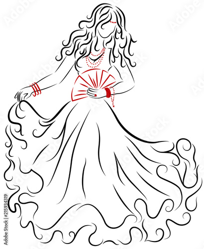 Tableau sur toile Dancing woman with a fan on a white background