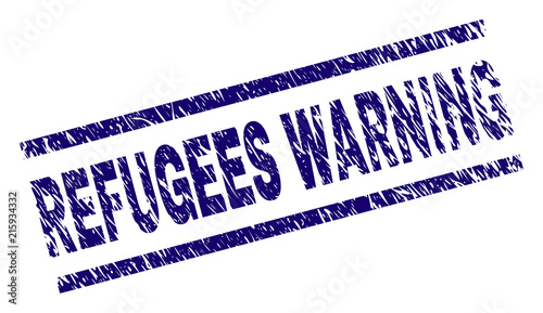 REFUGEES WARNING seal print with grunge style. Blue vector rubber print of REFUGEES WARNING title with unclean texture. Text title is placed between parallel lines.