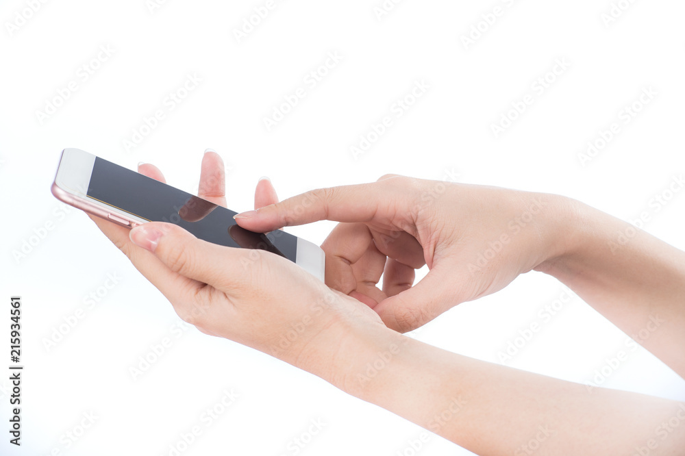 Concept of woman's hand holding a smartphone and pointing with figer isolated on white background, clipping path, blank for webpage or message. Concept of woman's hand holding a smartphone and pointing with figer isolated on white background, clipping path, blank for webpage or message.