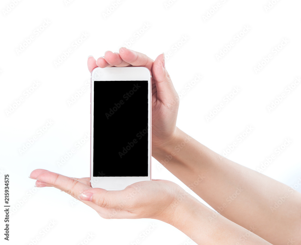 Concept of woman's hand holding a smartphone isolated on white background, clipping path, blank for webpage or message. Concept of woman's hand holding a smartphone isolated on white background, clipping path, blank for webpage or message.