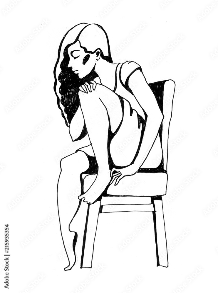black and white sketch of the girl with the closed eyes who sits on the chair