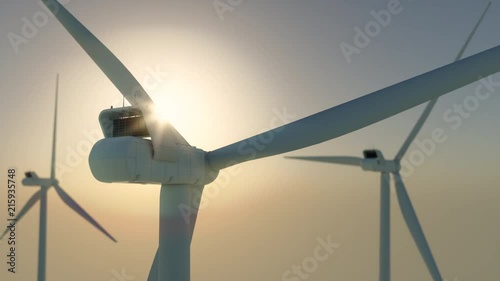 Wind turbine renewable energy offshore park during sunrise camera closing in 4K 3d illustration