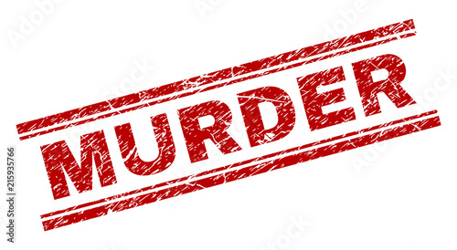 MURDER seal stamp with grunge texture. Red vector rubber print of MURDER title with unclean texture. Text tag is placed between double parallel lines.