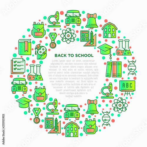Back to school concept in circle with thin line icons  backpack  bell  book  microscope  knowledge  owl  biology  blackboard  physics  exam. Modern vector illustration  print media template.