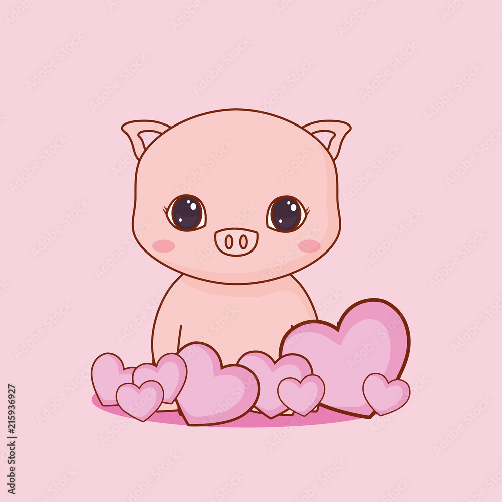kawaii pig and hearts over pink background, colorful design. vector illustration kawaii pig and hearts over pink background, colorful design. vector illustration