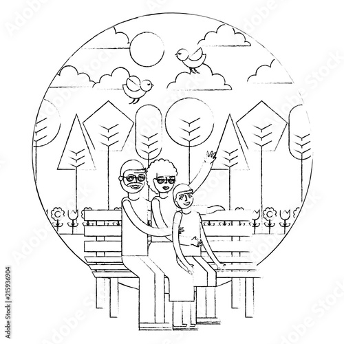grandparents with grandson sitting on bench park landscape