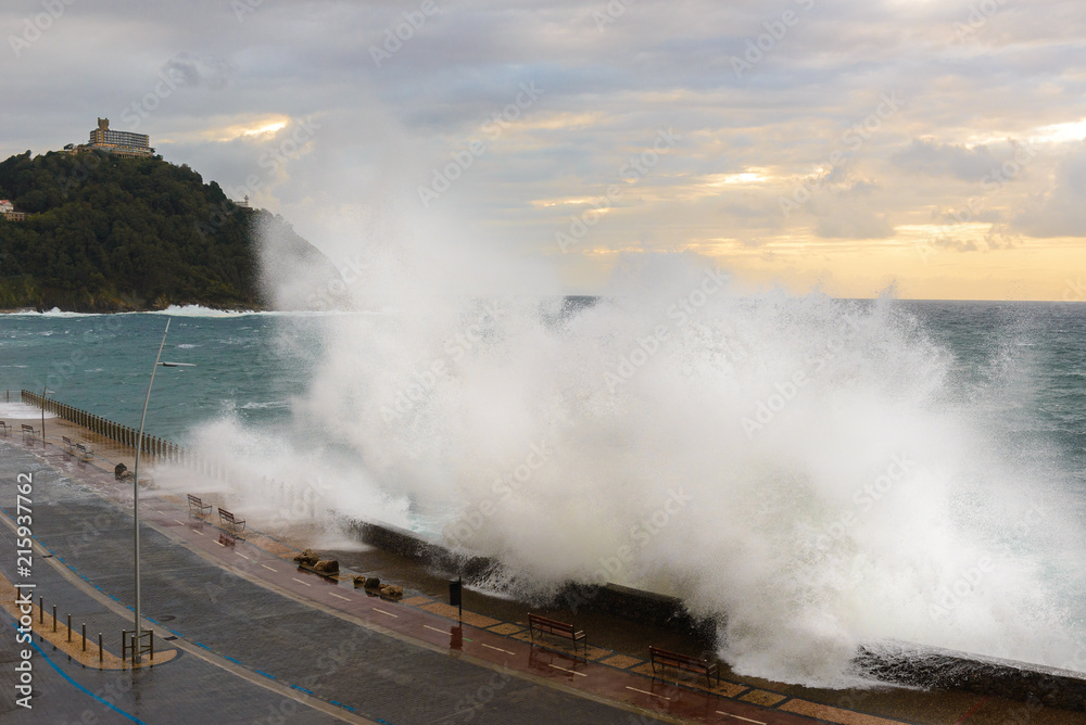Waves breaking on New Promenade of San Sebastian, Spain