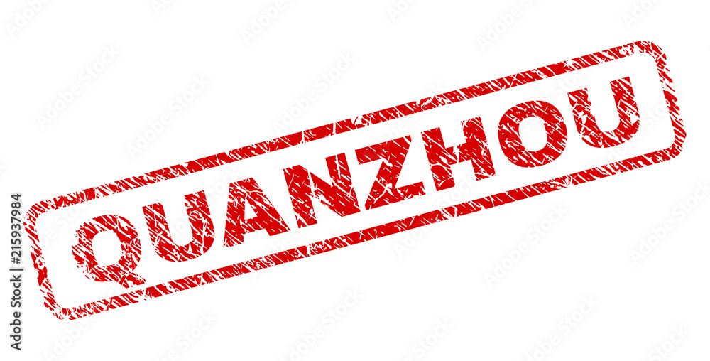 QUANZHOU stamp seal print with scratced style. Red vector rubber print of QUANZHOU title with grunge texture. Text title is placed inside rounded rectangle frame. QUANZHOU stamp seal print with scratced style. Red vector rubber print of QUANZHOU title with grunge texture. Text title is placed inside rounded rectangle frame.