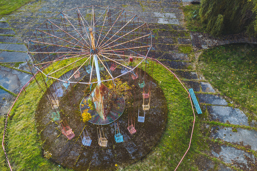 Drone aerial view of abandoned amusement park photo