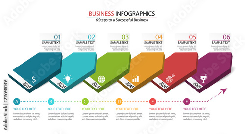 6 Steps of infographic design to success in business show in business data domino diagram. Infographic template for workflow in 6 options layout.