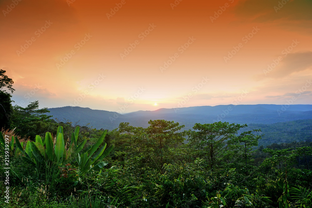 Landscape of mountain hill and orange sky Landscape of mountain hill and orange sky