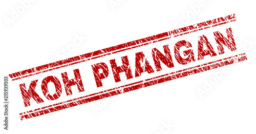 KOH PHANGAN seal print with corroded texture. Red vector rubber print of KOH PHANGAN label with unclean texture. Text title is placed between double parallel lines.