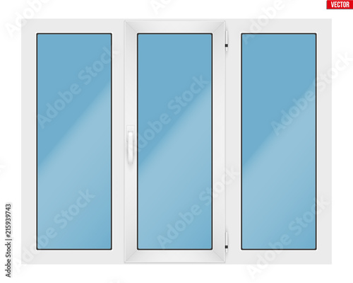 Metal plastic PVC window with three sash and one opening casement. Indoor view. Presentation of models and frame installation. White color. Sample Vector Illustration isolated on white background.