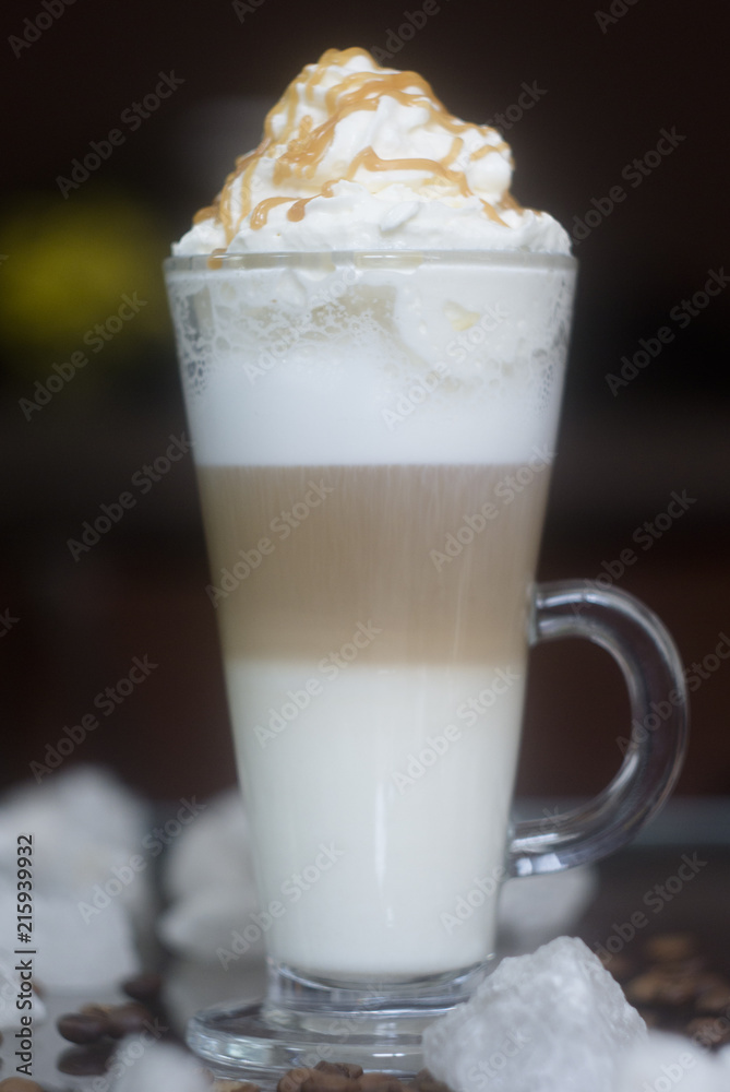 Latte three-layered. Milk coffee cocktail Latte three-layered. Milk coffee cocktail