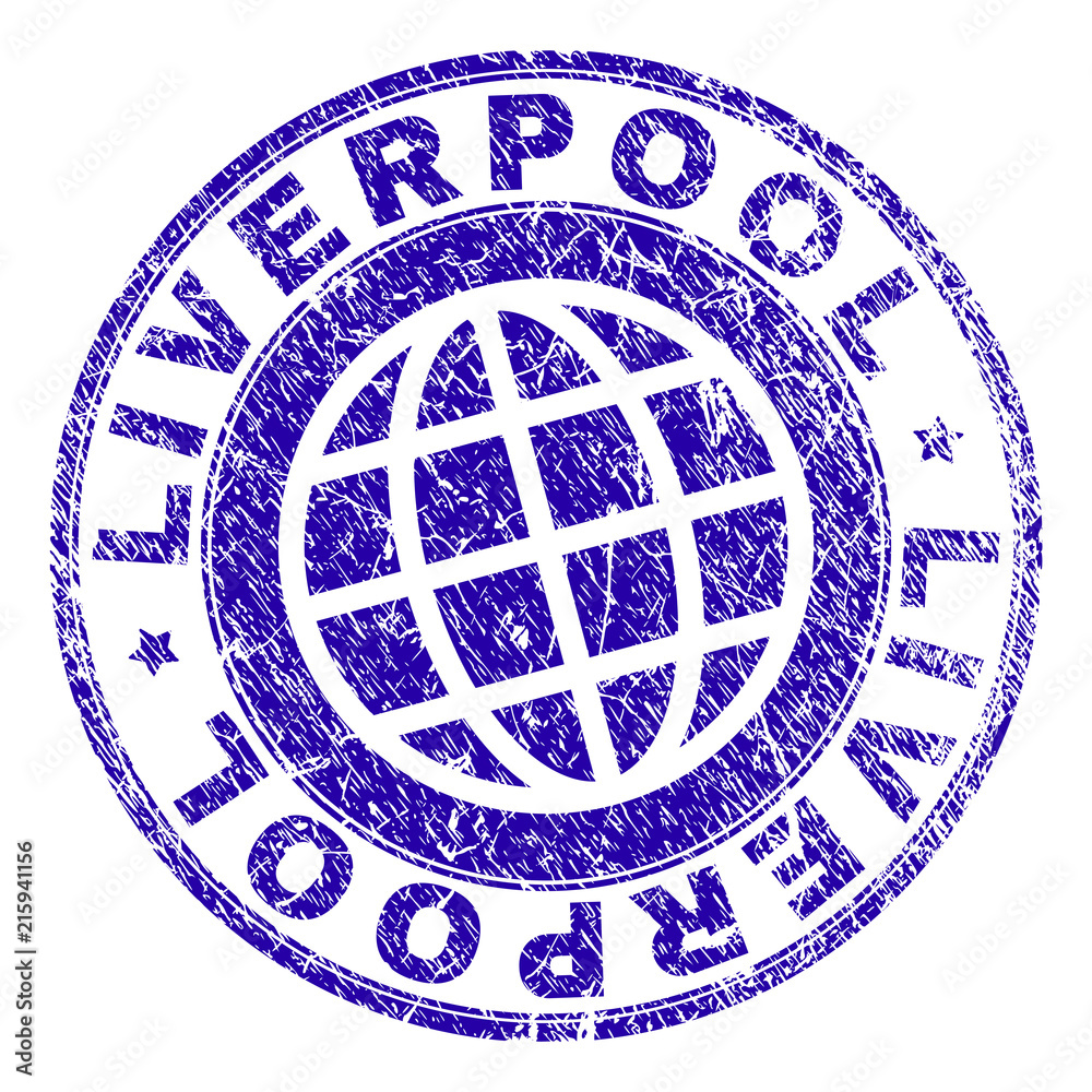 LIVERPOOL stamp print with grunge texture. Blue vector rubber seal print of LIVERPOOL title with grunge texture. Seal has words arranged by circle and planet symbol.