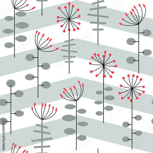 Modern vector abstract seamless geometric pattern with stylized flowers and leaves in retro scandinavian style.