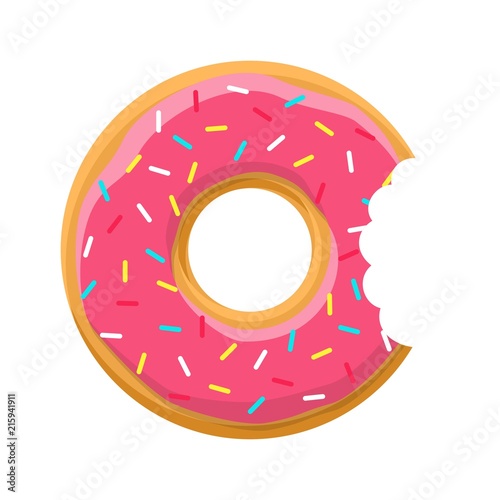 Sweet pink bitten donut with pink icing isolated on white background. Yummy cookie donut food. Candy decoration color donut with topping. Glazed pastry delicious snack, eat candy. Vector illustration