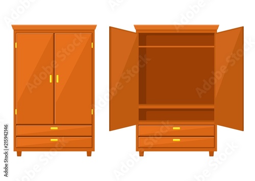 Open and closet wardrobe isolated on white background .Natural wooden Furniture. Wardrobe icon in flat style. Room interior element cabinet to create apartments design. Vector illustration photo