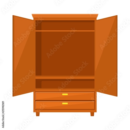 Empty open wardrobe isolated on white background. Natural wooden Furniture. Wardrobe icon in flat style. Room interior element cabinet to create apartments design. Vector illustration