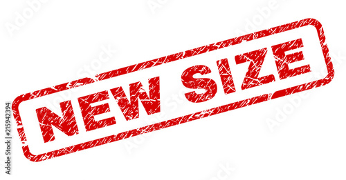 NEW SIZE stamp seal imprint with grunge style. Red vector rubber print of NEW SIZE caption with retro texture. Text caption is placed inside rounded rectangle frame.